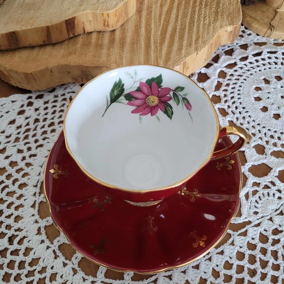 WINDSOR - Vintage Burgundy Red & Gold Porcelain Tea Cup - Picture 4 of 12